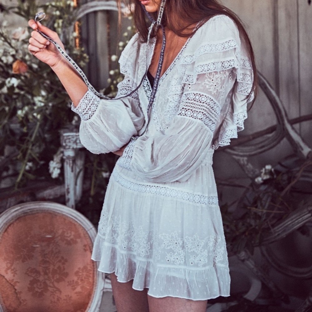 NEW Love Shack Fancy Simonna Floral Ruffle Lace Ivory Cream Boho Mini Dress 10 - Picture 2 of 16